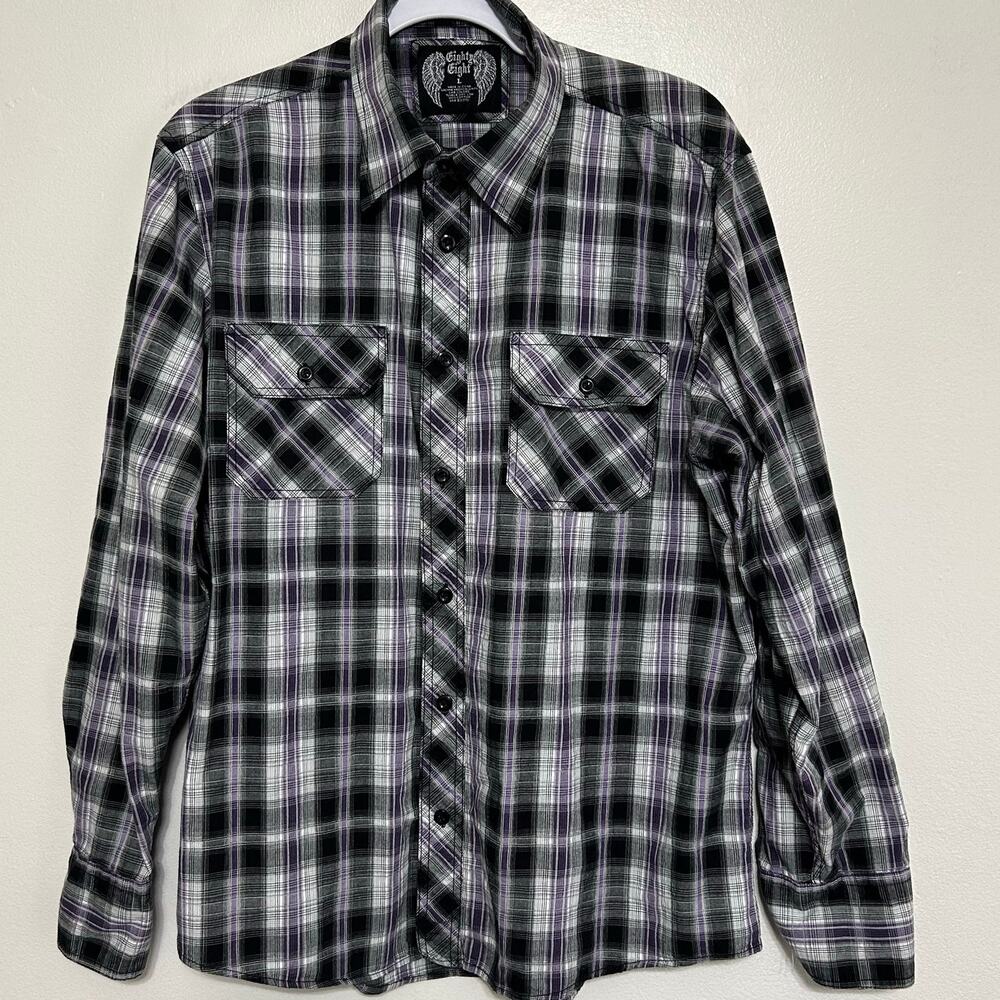 Eighty Eight Men's Large Purple Plaid Cotton Button Up Shirt